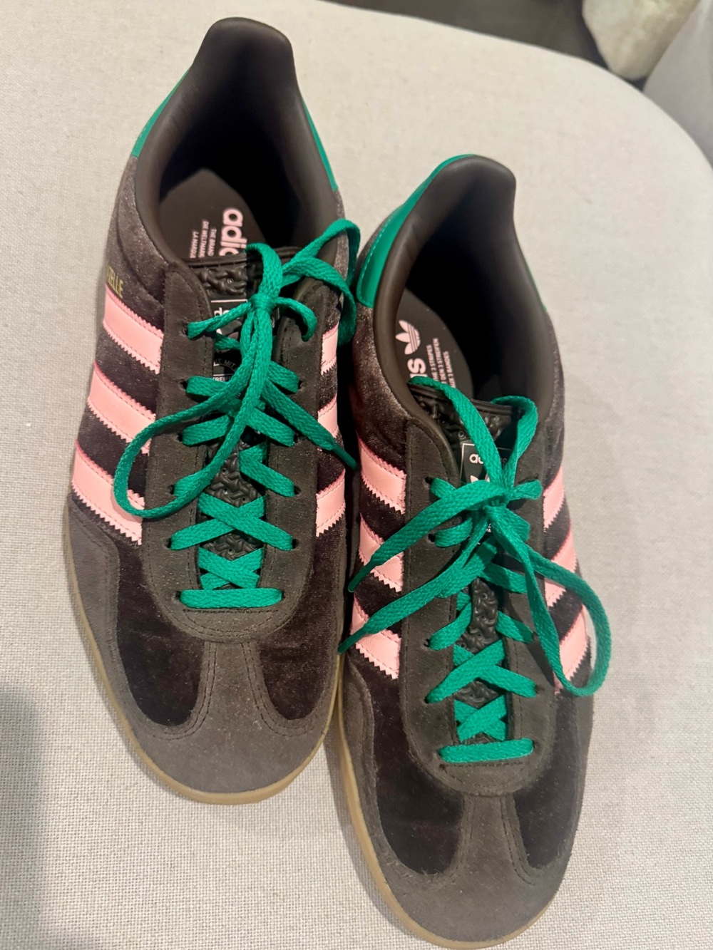adidas Brown Suede Gazelle Sneakers with Pink Stripes and Green Accents - Picture 2 of 7